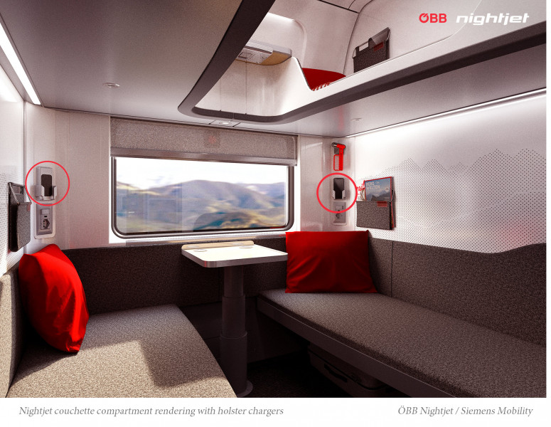Oostenrijkse Nightjet trein gebruikt draadloze passagiers interface telefoonoplader van EAO