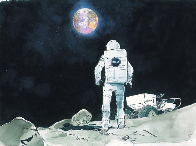 tekening van man op de maan met esa-rugzak en skelter-achtig voertuig
