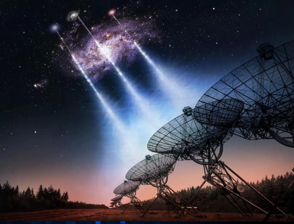 de telescopen in Westerbork met radioflitsen tegen een donkere hemel